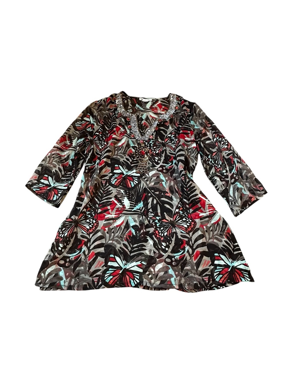 Cute Options Beaded Tunic Top Semi Sheer Butterfly Boho Chic Maximalist Resort